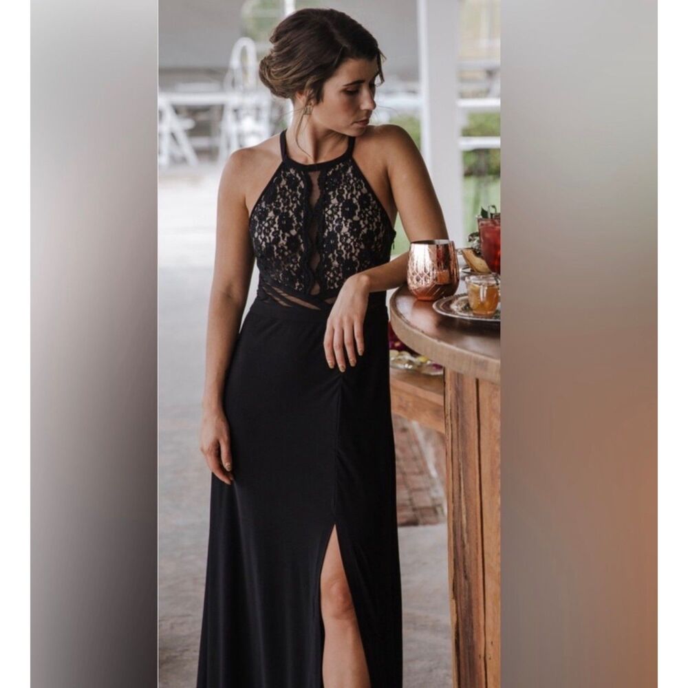 NWT Morgan & Co Black Lace Sheer Maxi Gown | Formal Evening Dress | Size 9